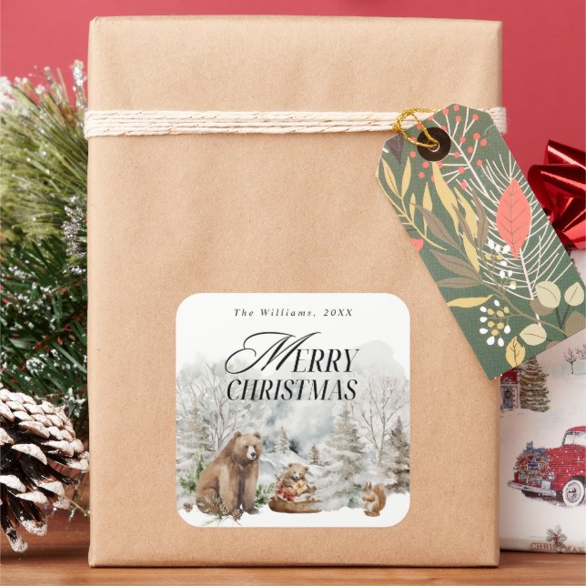 Adesivo Quadrado Floresta de inverno Elegante Aquarela Feliz Natal (Feriado)