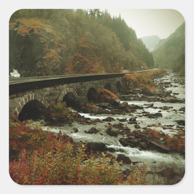 Adesivo Quadrado Floresta de outono e paisagem fluvial (Frente)