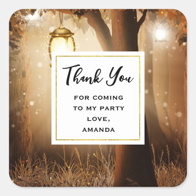 Adesivo Quadrado Floresta Mágica com Fada de Luzes Agradecemos (Frente)