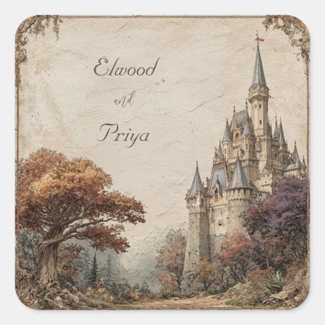 Adesivo Quadrado Floresta Outonal de Castelo Vintage Elegante Casam (Frente)