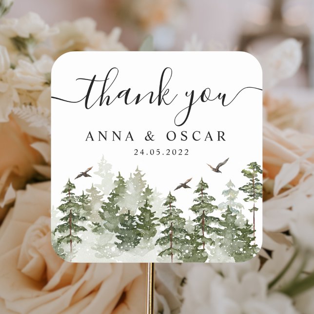 Adesivo Quadrado Floresta Verde Moderna de Aquarela de inverno com  (Criador carregado)