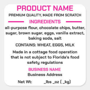 Adesivo Quadrado FLORIDA Etiqueta/Rótulo da Lei de Alimentos Caseir