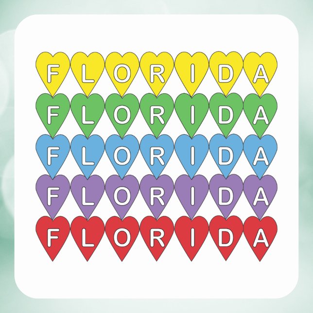 Adesivo Quadrado Florida Rainbow Hearts (A sticker that says Florida in a rainbow heart pattern.)