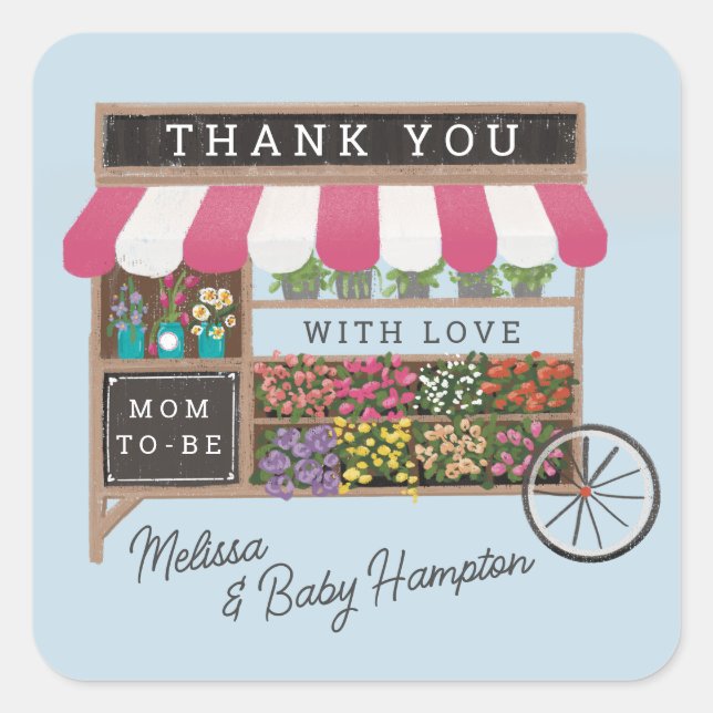 Adesivo Quadrado Flower Cart Farmers Market Pink Chá de fraldas Fav (Frente)