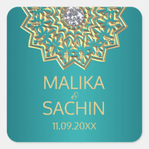 Adesivo Quadrado Flower TEAL Dourado do índio Mandala