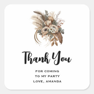 Adesivo Quadrado Flowers Foliage and Feather Party Obrigado