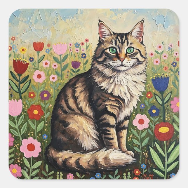 Adesivo Quadrado Fluffy Gray Tabby Cat and Folk Art Flowers (Frente)