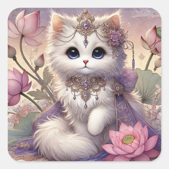 Adesivo Quadrado Fluffy Lotus Princess Cat (Frente)