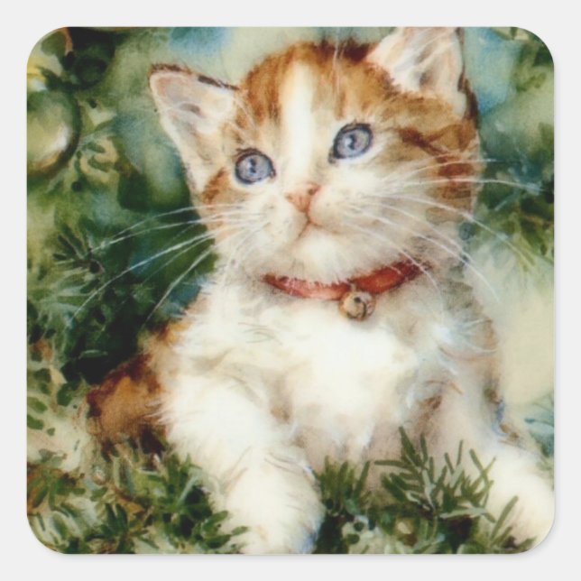 Adesivo Quadrado Fluffy natal cat Watercolor (Frente)