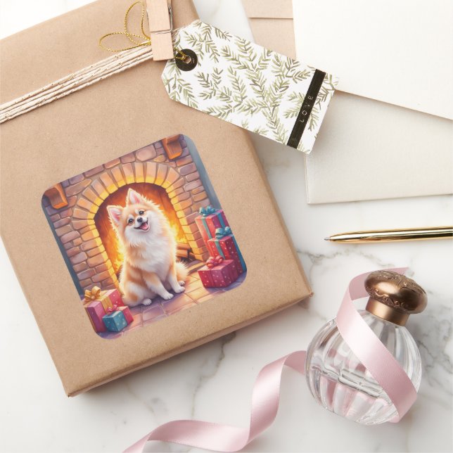 Adesivo Quadrado Fluffy Pomeranian Cozy Christmas Fireplace Dog Art (Presentear)