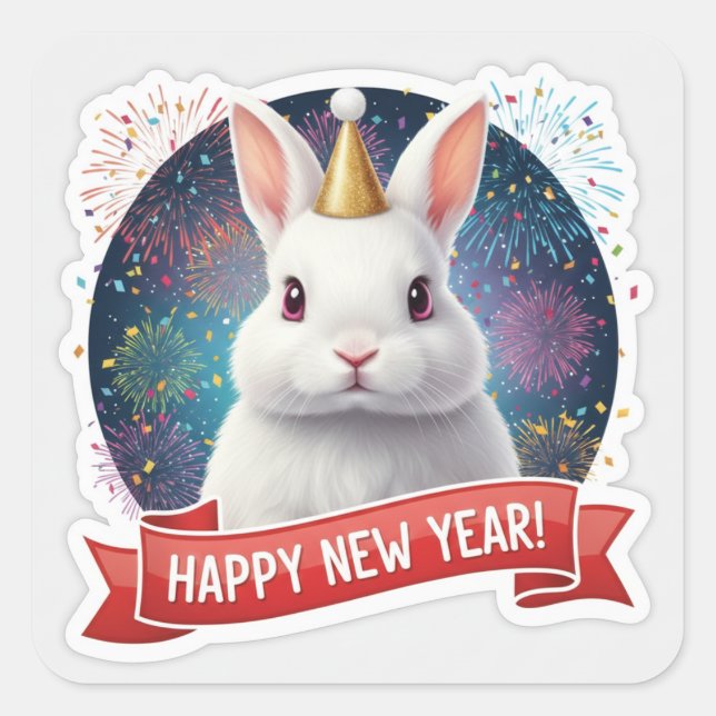 Adesivo Quadrado Fluffy Rabbit New Year Sticker (Frente)