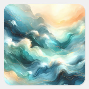 Adesivo Quadrado Fluxo Dourado Oceânico Ondas Abstratas