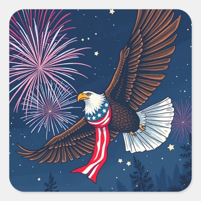 Adesivo Quadrado Flying Bald Eagle with USA Flag Scarf & Fireworks (Frente)