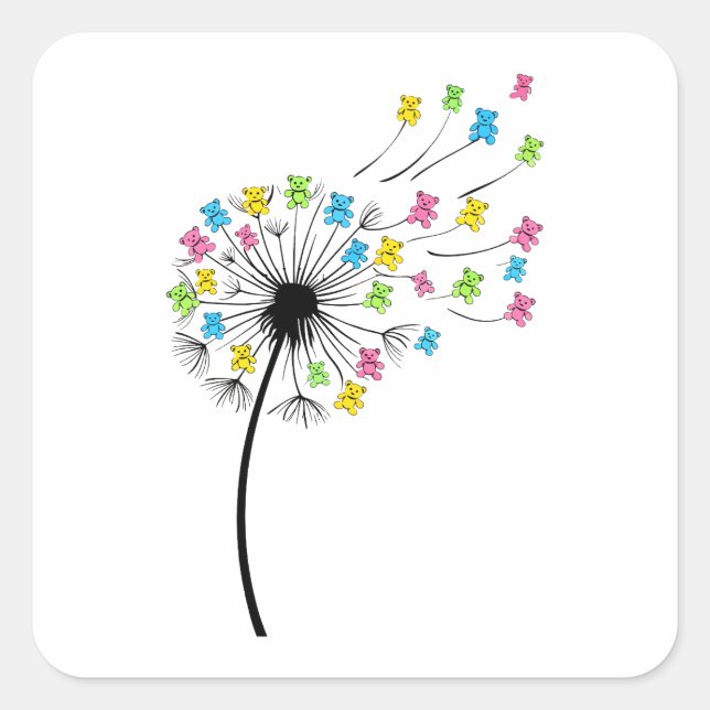 Adesivo Quadrado Flying cute bears dandelion flow (Frente)