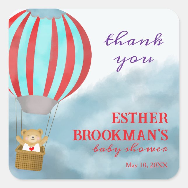 Adesivo Quadrado Flying Cute Cub in a Hot Air Balloon Baby Shower (Frente)