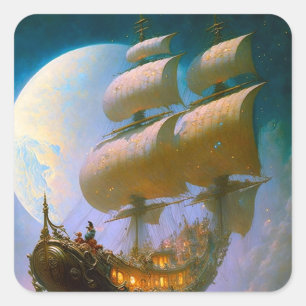 Adesivo Quadrado Flying Ship Fantasy Art