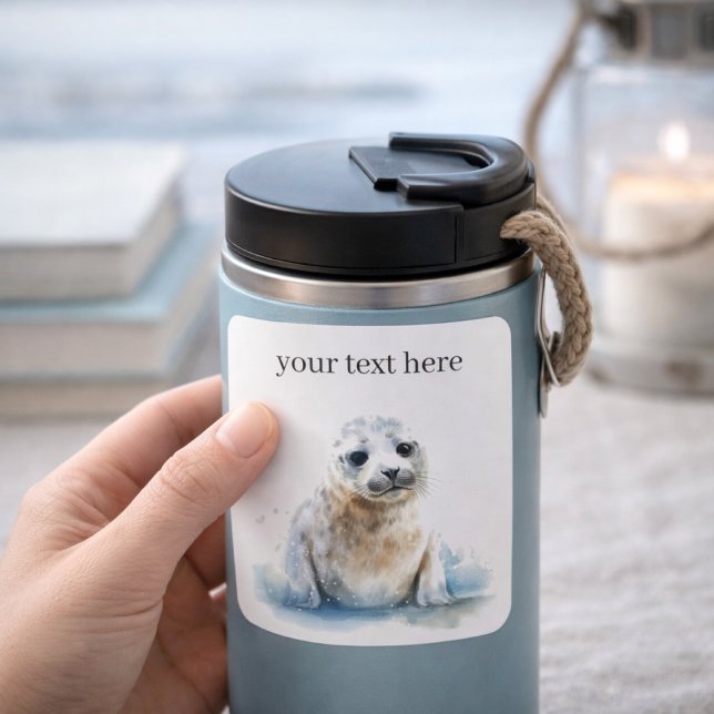 Adesivo Quadrado Foca Bebê com Aquarela Encantadora, personalizado (Criador carregado)