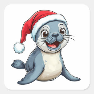 Adesivo Quadrado Foca de desenho animado adorável vestindo um chapé