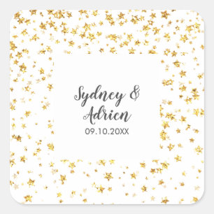 Adesivo Quadrado Focos de Envelope de Casamento Confetti Dourado
