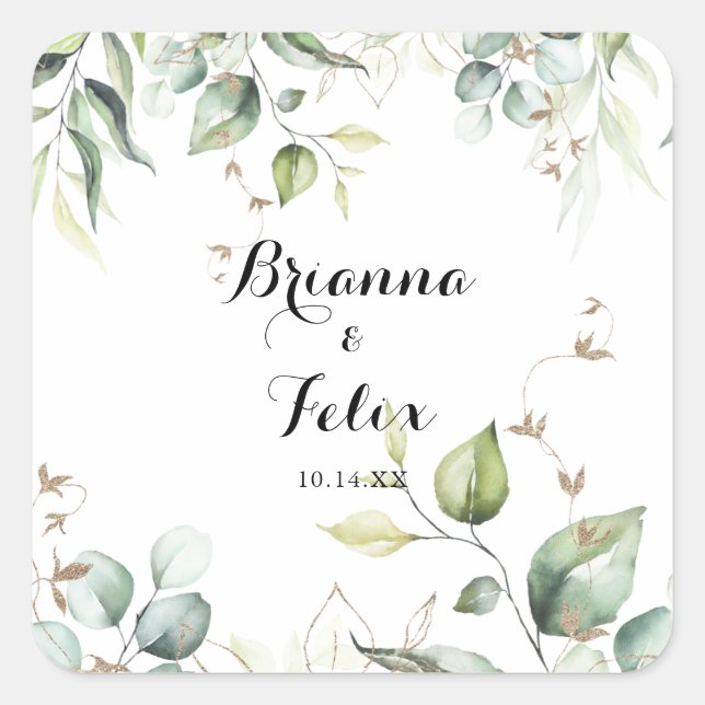 Adesivo Quadrado Focos de Envelope de Casamento Verde Dourado Elega (Frente)