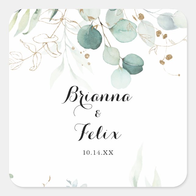 Adesivo Quadrado Focos de Envelope Dourado Eucalyptus Russos (Frente)