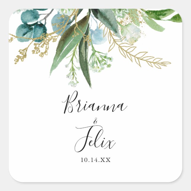 Adesivo Quadrado Focos de Envelope Verde Tropical Dourada (Frente)