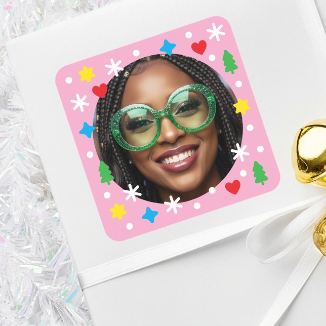 Adesivo Quadrado Fofa Foto Personalizada Férias Retro Rosa Natal (Criador carregado)