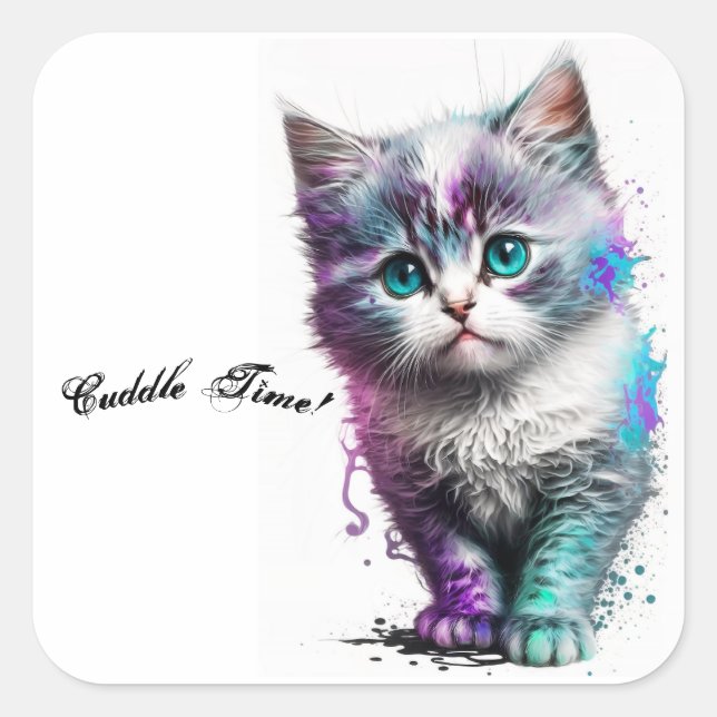 Adesivo Quadrado Fofinho Blue-Eyed Kitten Sticker, Watercolor Art, (Frente)