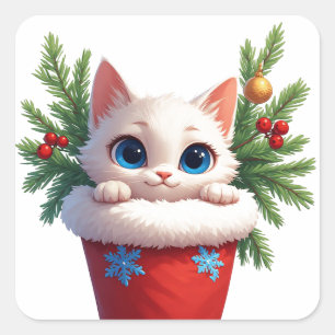 Adesivo Quadrado ❄️ Fofinho Filhote de Gato Meia de Natal 🐾
