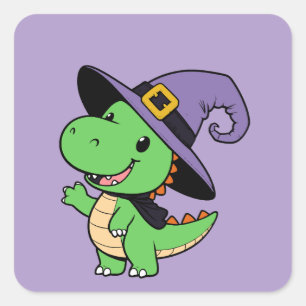 Adesivo Quadrado fofo dino bruxa de desenho animado halloween