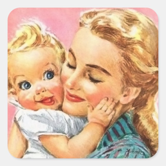 Adesivo Quadrado fofo unisex bebê mãe retro vintage (Frente)