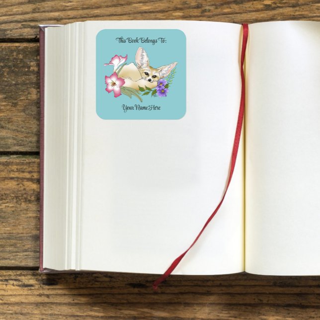 Adesivo Quadrado Folha de Flores Fennec Fox Bookplate (Criador carregado)