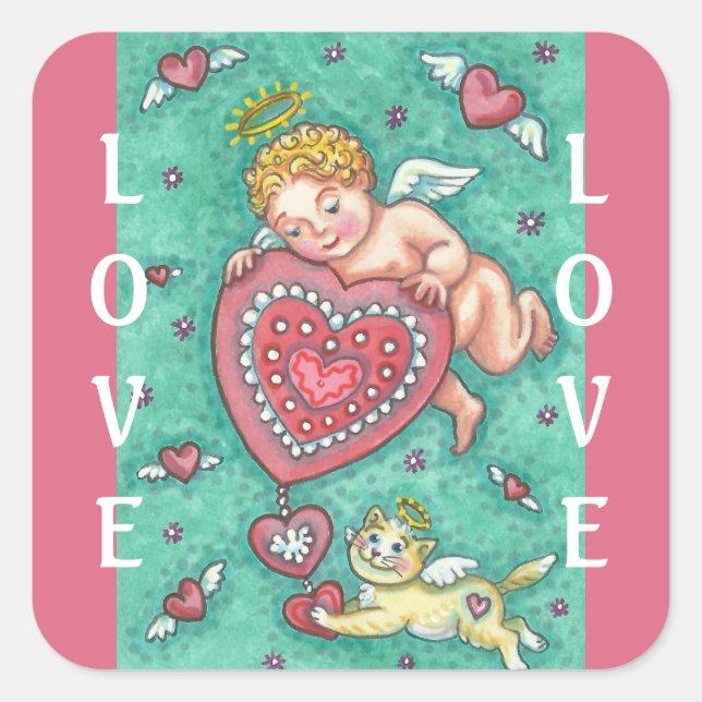 Adesivo Quadrado Folha de NAMORADOS do coração de CUPID (Frente)