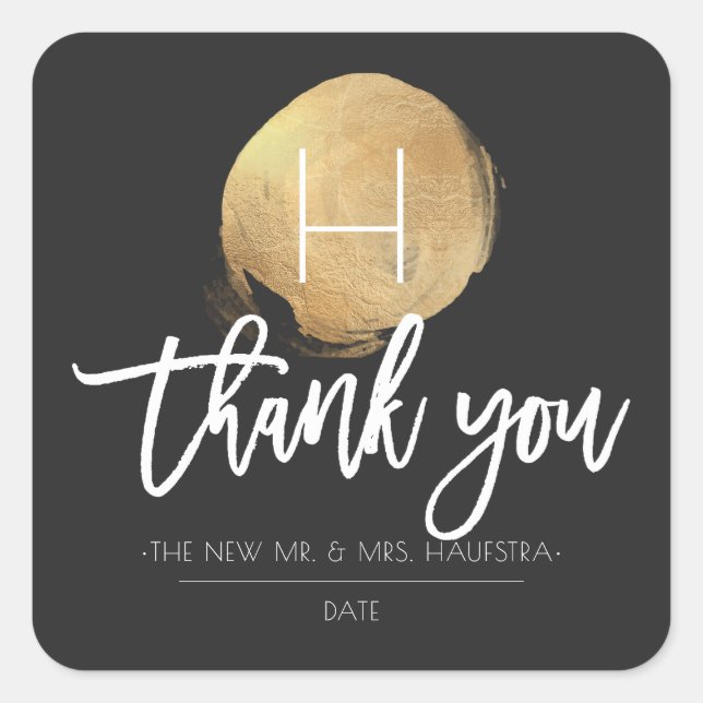 Adesivo Quadrado Folha de Ouro Faux PixDezines Monograma, Obrigado (Frente)