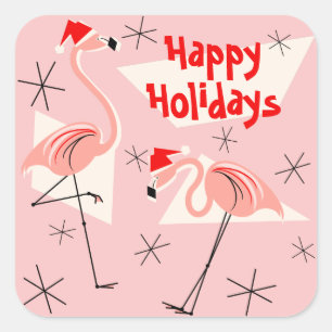 Adesivo Quadrado Folha de paus de férias felizes rosa Flamingo San