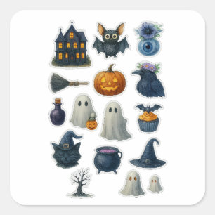 Adesivo Quadrado Folha de Vinheta do Halloween de Cores Aquáticas