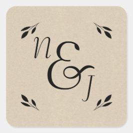 Adesivo Quadrado Folha Preta Botânica Kraft Rústico Moderno Casamen