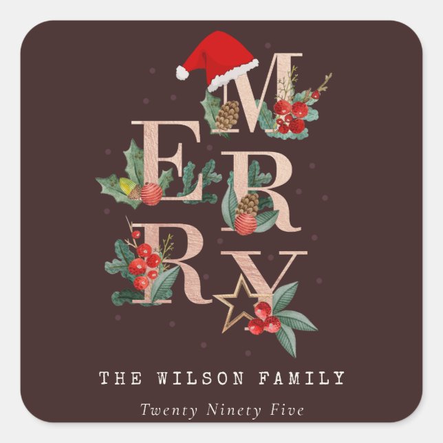 Adesivo Quadrado Folhagem de Natal Castanha Rosa Dourada Vermelha V (Frente)