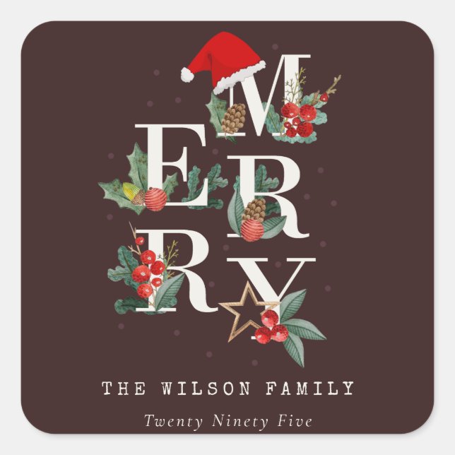 Adesivo Quadrado Folhagem de Natal Marrom Vermelho Verde Branco Fel (Frente)