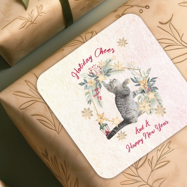 Adesivo Quadrado Folhagem Dourada Flocos de Neve Diversos Gato Ano  (Criador carregado)