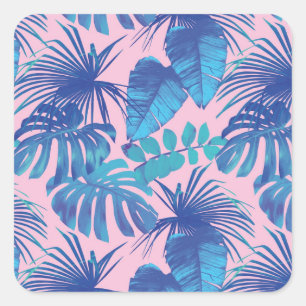 Adesivo Quadrado Folhagem tropical rosa e azul personalizada