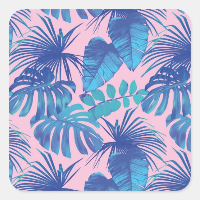 Adesivo Quadrado Folhagem tropical rosa e azul personalizada (Frente)