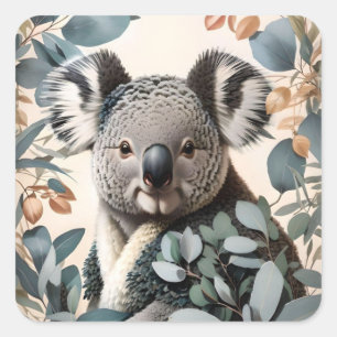 Adesivo Quadrado Folhas Cute Koala Eucalyptus