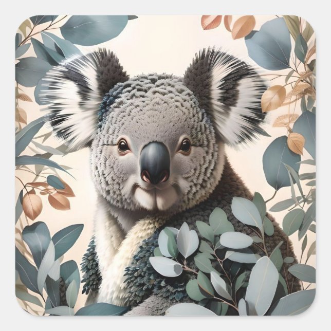 Adesivo Quadrado Folhas Cute Koala Eucalyptus (Frente)