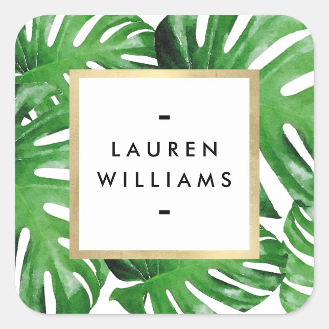 Adesivo Quadrado Folhas de Monstera Tropical de Aquarela (Frente)