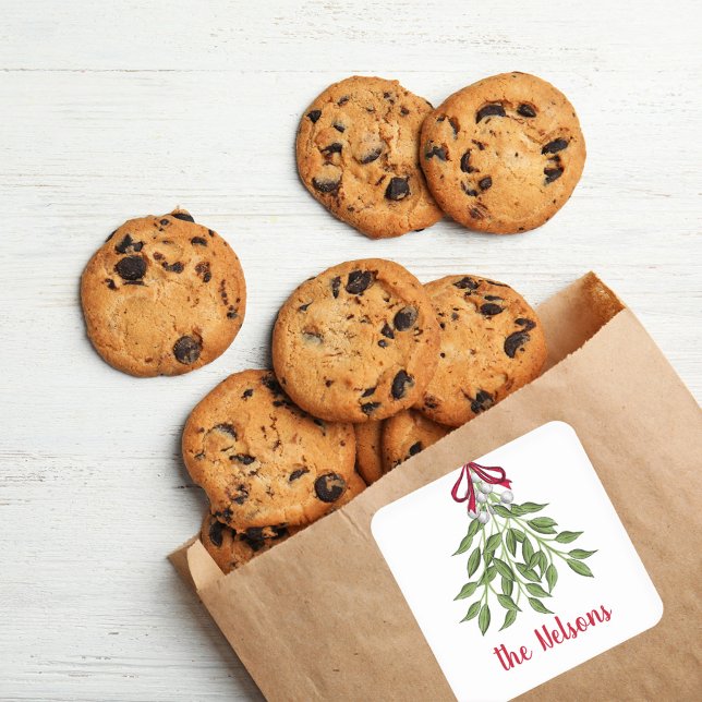 Adesivo Quadrado Folhas de Verdura de Natal Feliz Visco  (Christmas holiday merry mistletoe simple square sticker.)