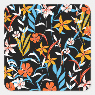 Adesivo Quadrado Folhas tropicais coloridas: padrão de fundo escuro