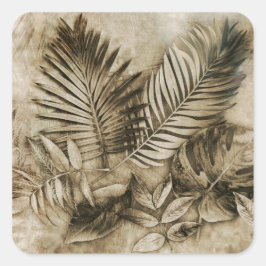 Adesivo Quadrado Folhas Tropicais em Sépia com Textura