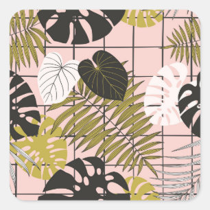 Adesivo Quadrado Folhas tropicais, flores, padrão pintado à mão.