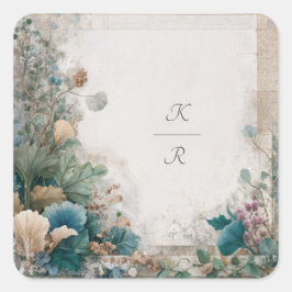 Adesivo Quadrado Folhas Verde Teal Vintage em Madeira Envelhecida p